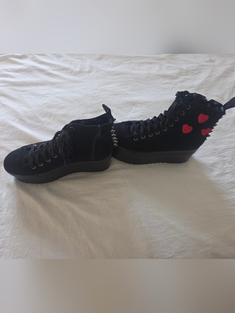 Black Lace-Up Platform Boots with Red Heart Accents